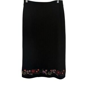 Garnet Hill Womens 6P Black 100% Wool Floral Embroidered Hem Midi Pencil Skirt